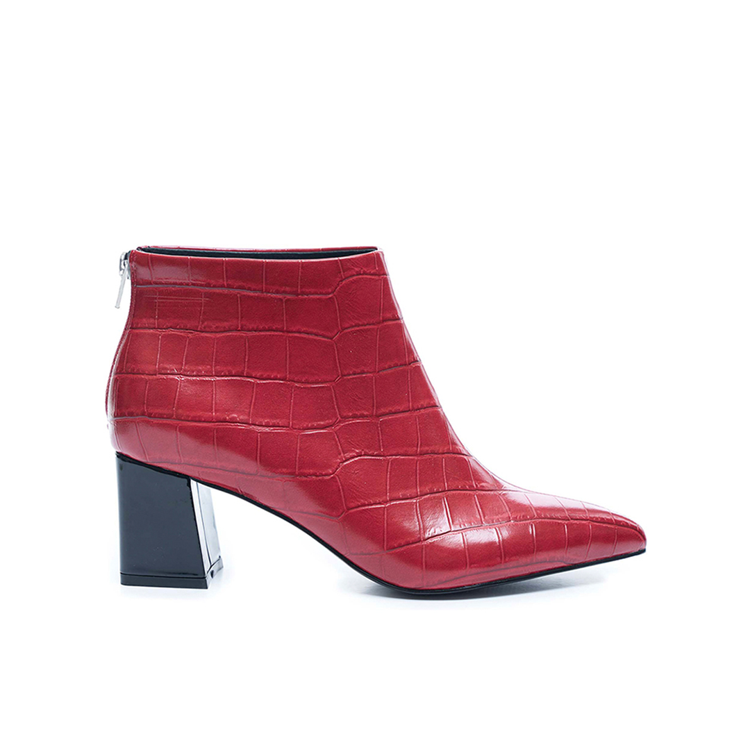 Red Crocodile Ankle Boots Scarlet with Block Heels - VHNY 