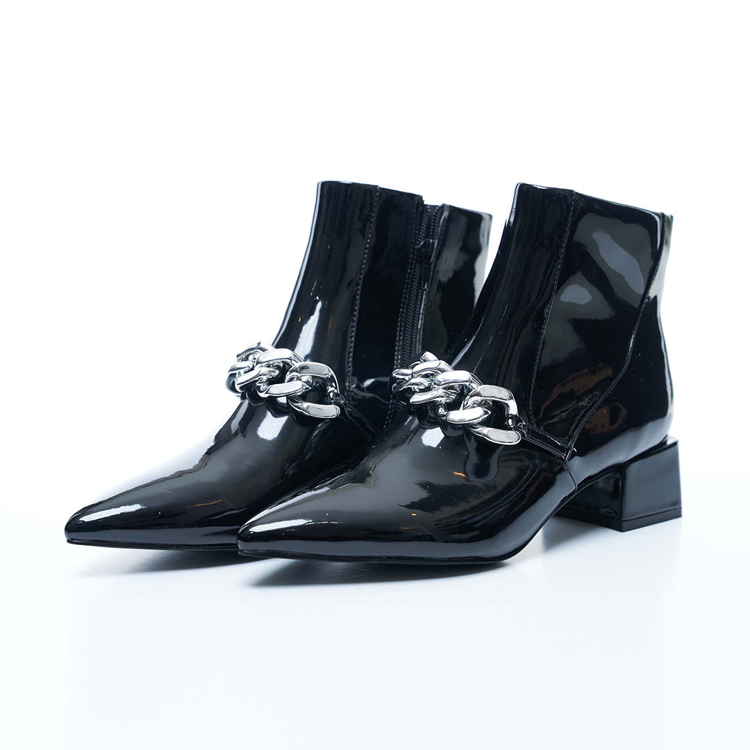 Black Ankle Boots with Chain Patent Heels | Flared Heel Boots - VHNY 