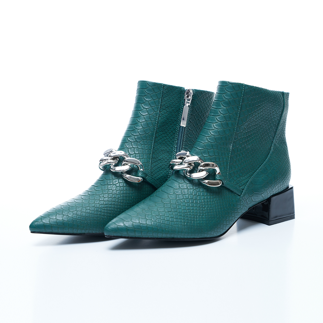 Forest Green Crocodile Boots With Chain Block Heels - VHNY 