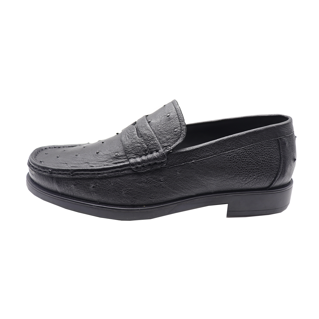 Men's Black Ostrich Leather Classic Penny Loafer Moccasin
