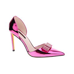 Women pink Sheepskin heels｜pink Sheepskin metallized heels