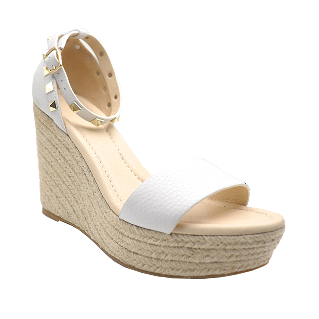 rivets band white cowhide leather espadrille wedges
