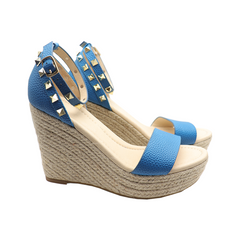 rivets band Aqua blue cowhide leather espadrille wedges