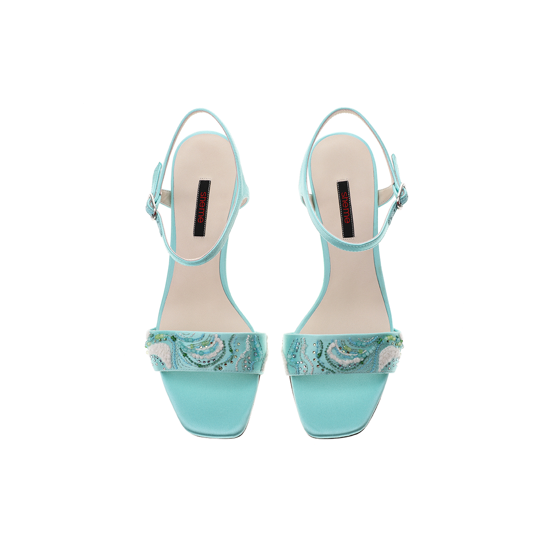 Women green silk leather Sandals |  green embroidery silk leather Low heel Sandals