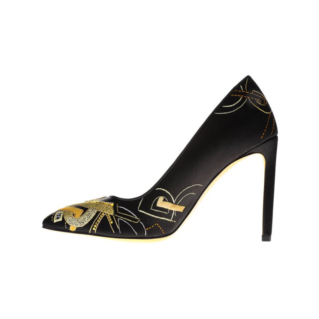 Women black silk leather heels |  black embroidery silk leather heels