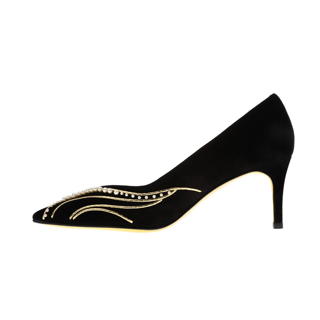 Women black suede leather heels |  black pearl embellish suede leather heels