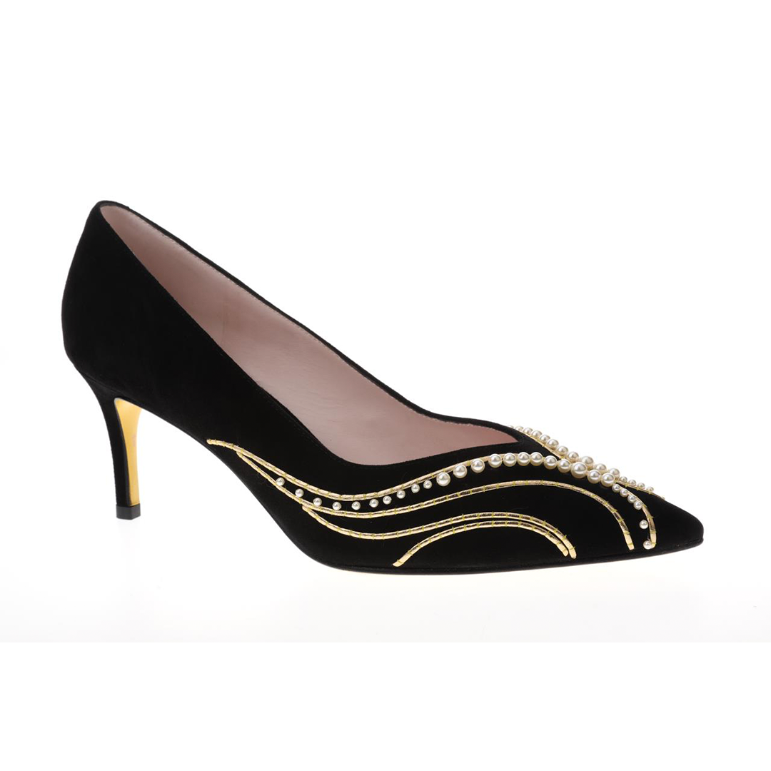 Women black suede leather heels |  black pearl embellish suede leather heels