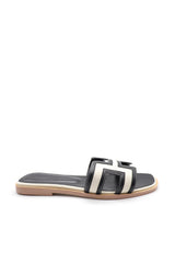 Black and white cowhide and canvas leather slippers