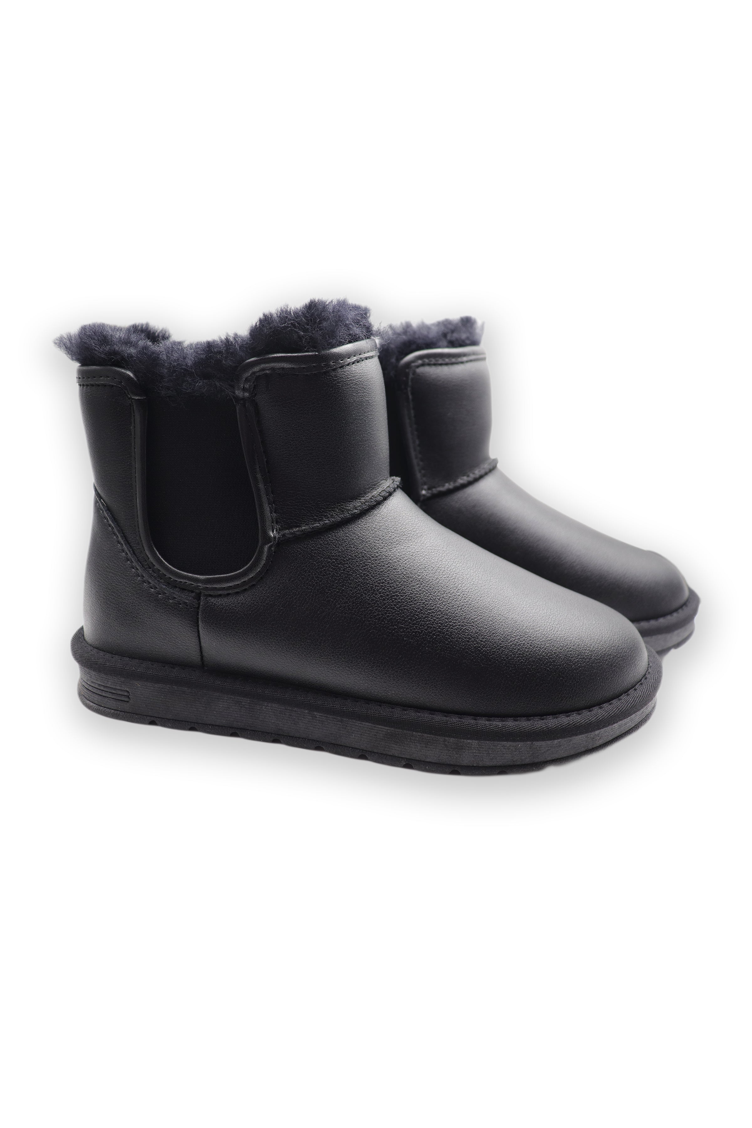Black Real Wool And Leather Elastic Band Snow Boots