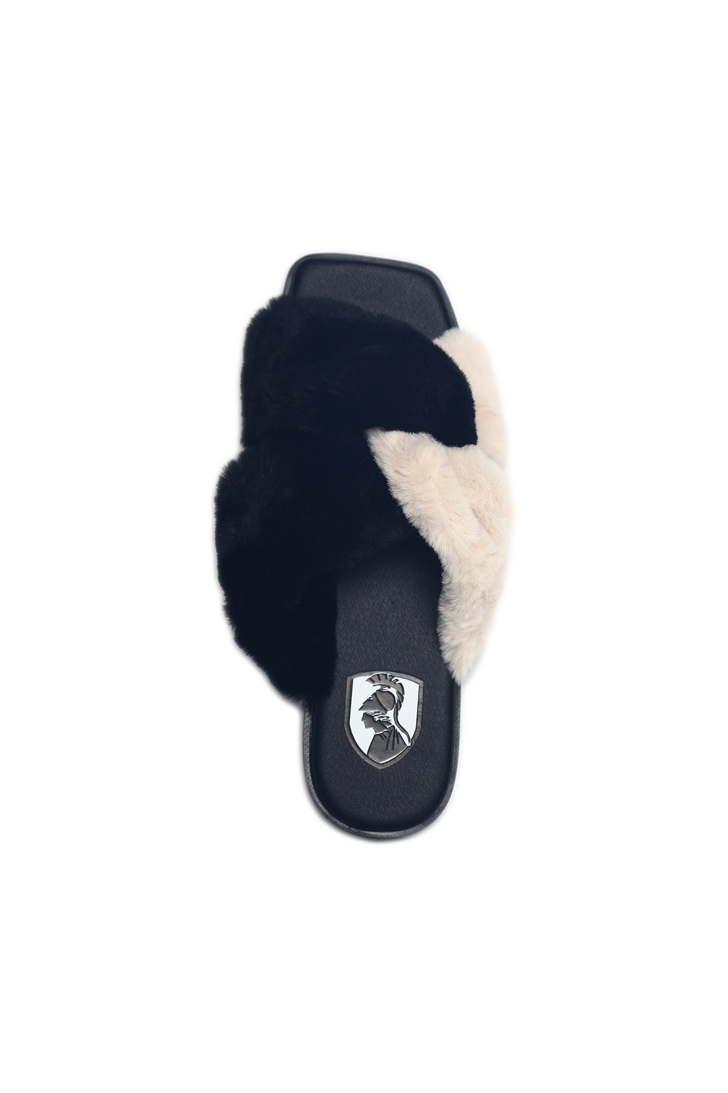 faux fur criss cross slippers