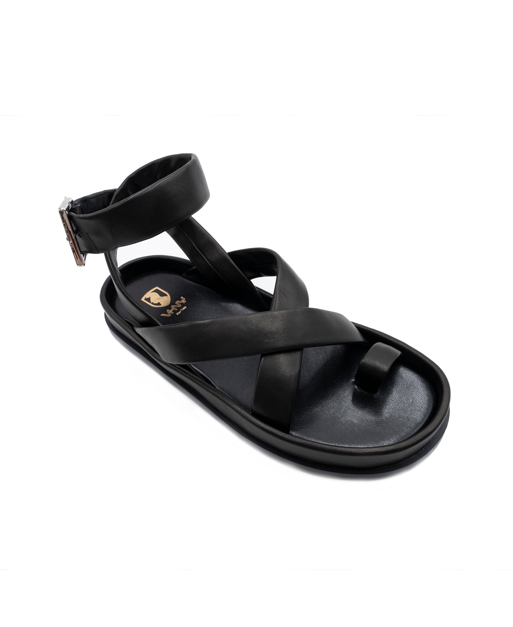 flat black sandals with ankle strap