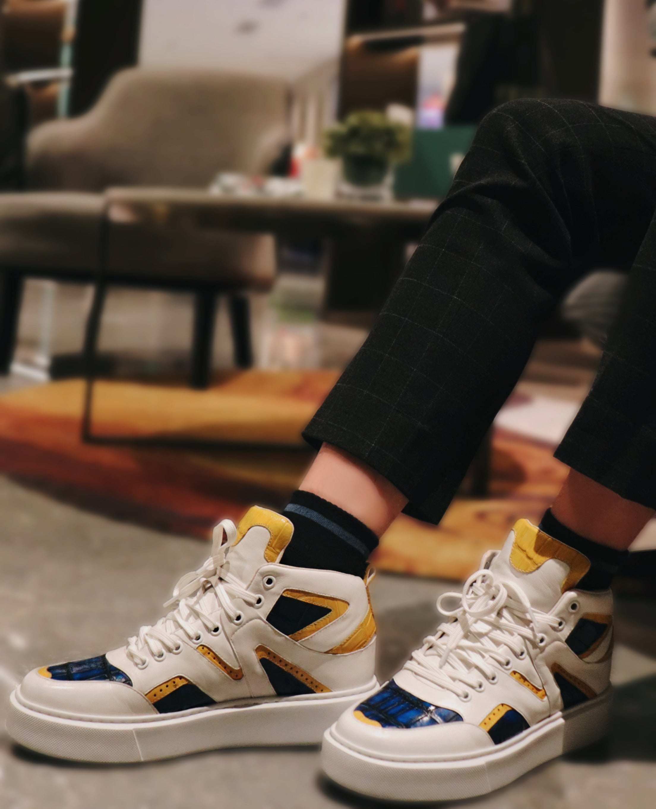 White, Yellow And Blue Crocodile Sneakers |  Lace Up Crocodile Sneakers