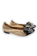 Apricot Cowhide Leather Pointy Heels Bow Ornament Flat Commuter Shoes for Women