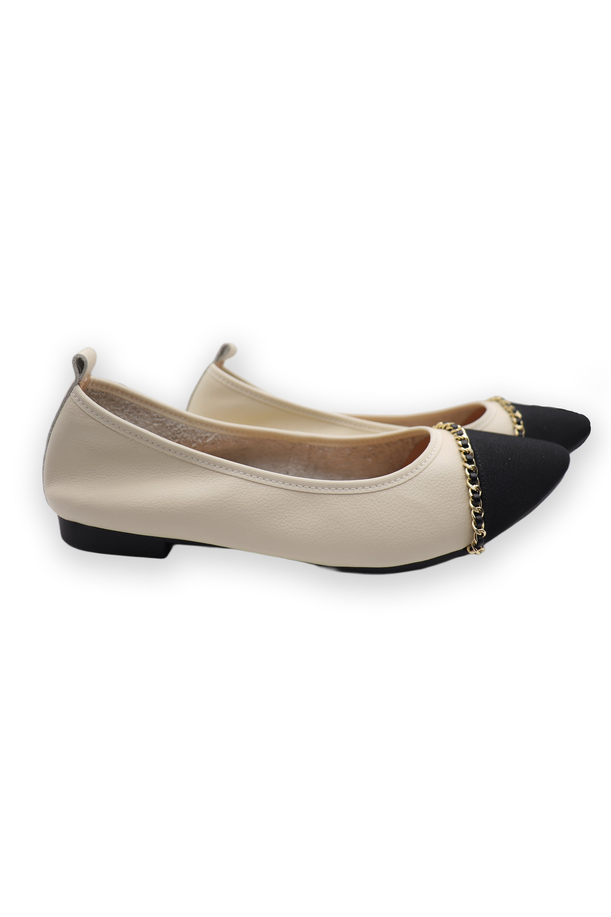 Salome White and Black Cowhide Leather Pointy Heels Flat Commuter Shoes
