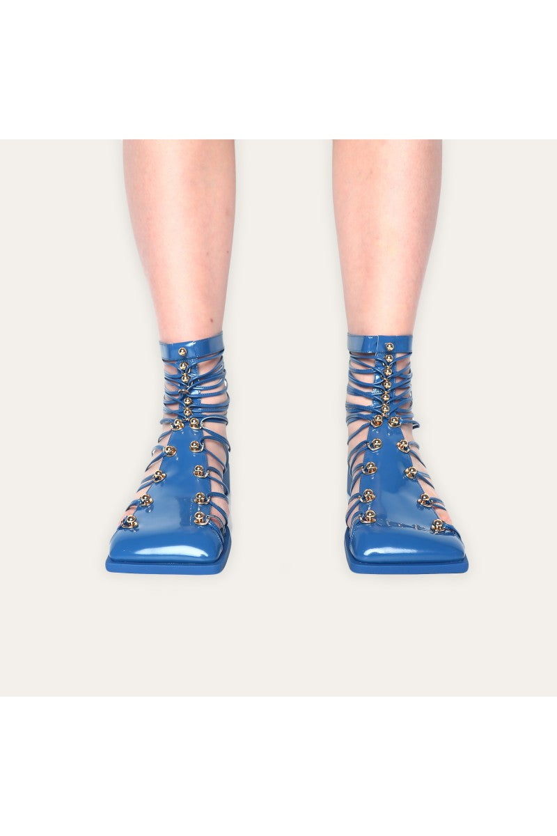 BLUE SQUARE TOE STRAPPED STRAPS ANKLE BOOTS STUDDED
