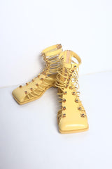 YELLOW SQUARE TOE STRAPPED STRAPS ANKLE BOOTS STUDDED