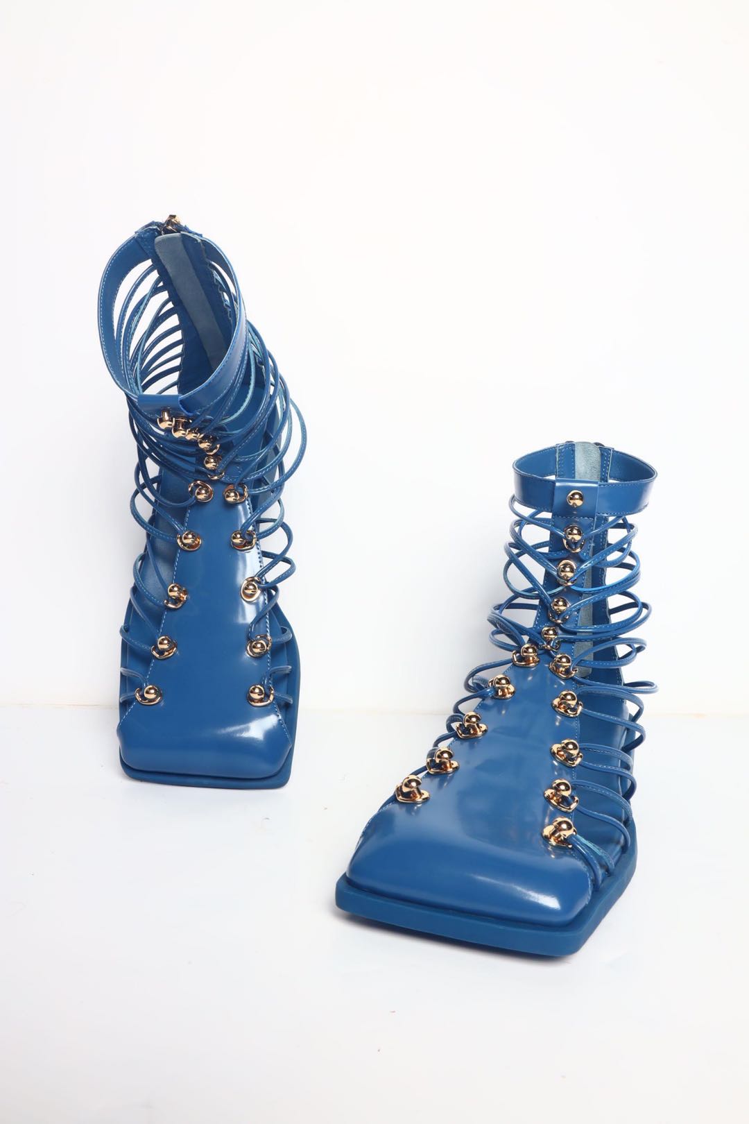 BLUE SQUARE TOE STRAPPED STRAPS ANKLE BOOTS STUDDED