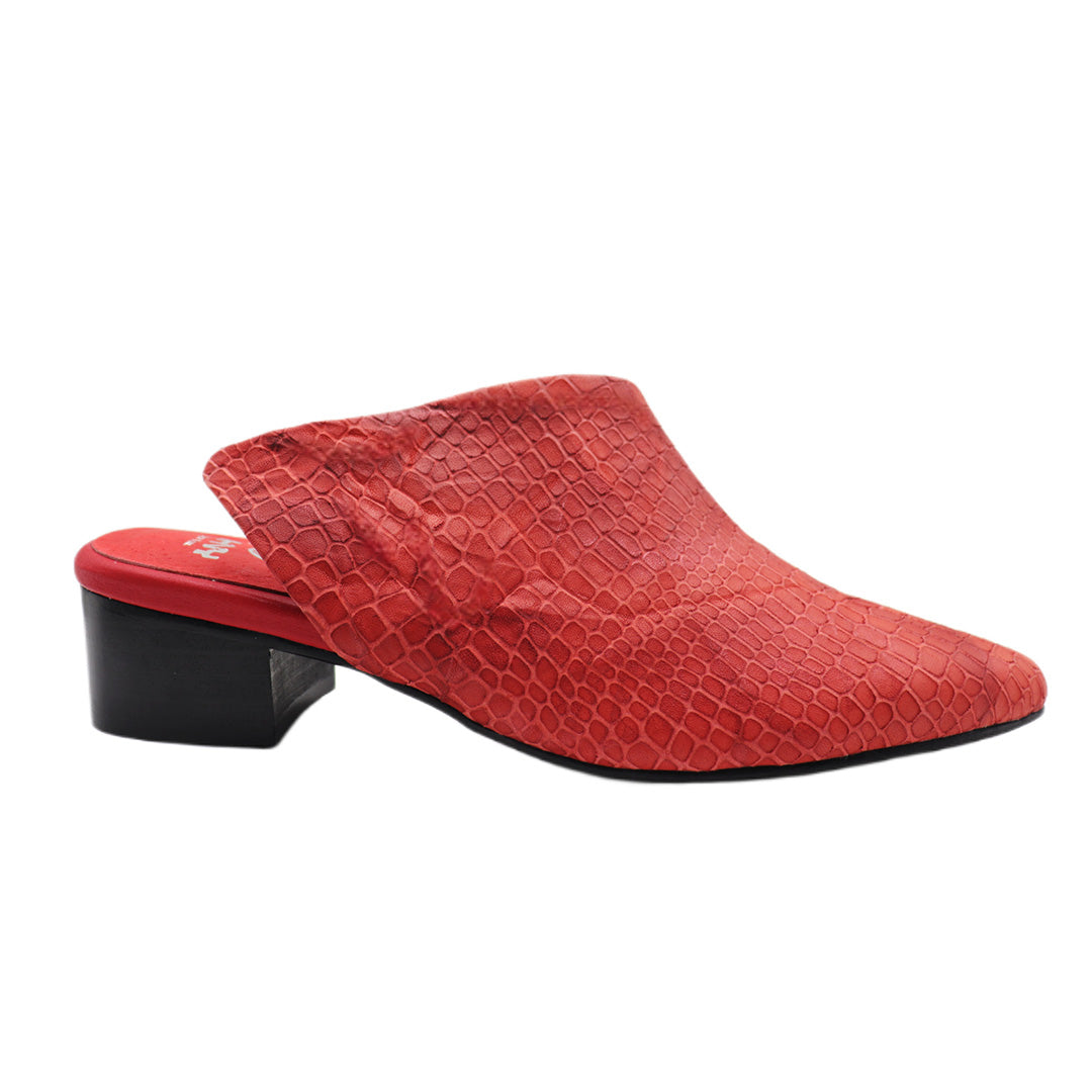 Women's Red Cowhide Sandals with Short Heels and Pointed Toes