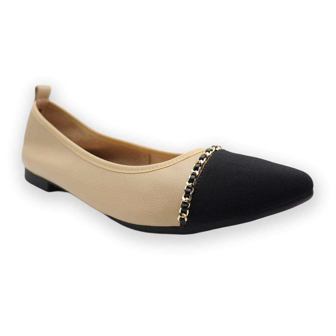 Apricot and Black Cowhide Leather Pointy Heels Flat Commuter Shoes