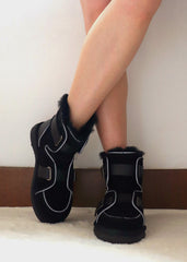 Women's Black Real Wool And Leather Snow Boots