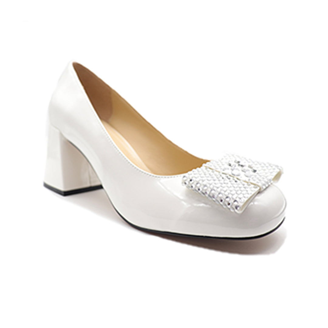 white genuine patent leather Block Heels Mary Jane square toe shoes