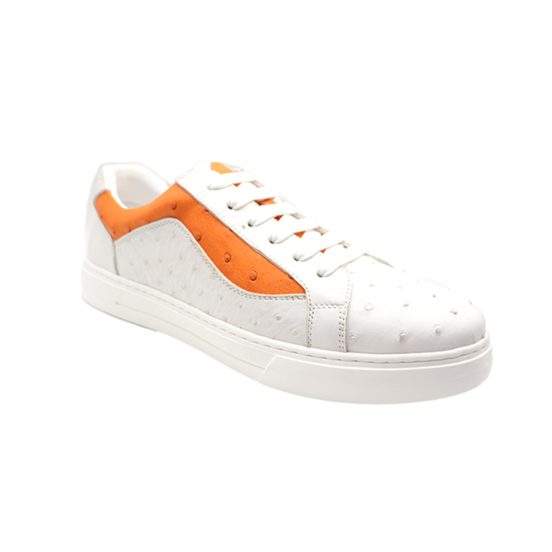 White and Orange Ostrich Leather Shoes | White Ostrich Skin Sneakers 14 US