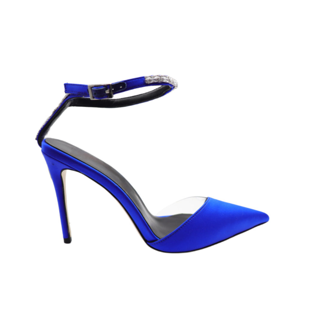 Royal Blue pure Silk Trip Wire Drill Pointy Toe Heels