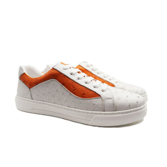 White And Orange Ostrich Leather Shoes | White Ostrich Skin sneakers
