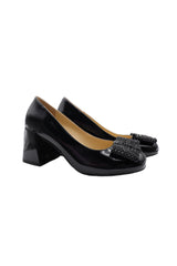 Black genuine patent leather Block Heels Mary Jane square toe shoes