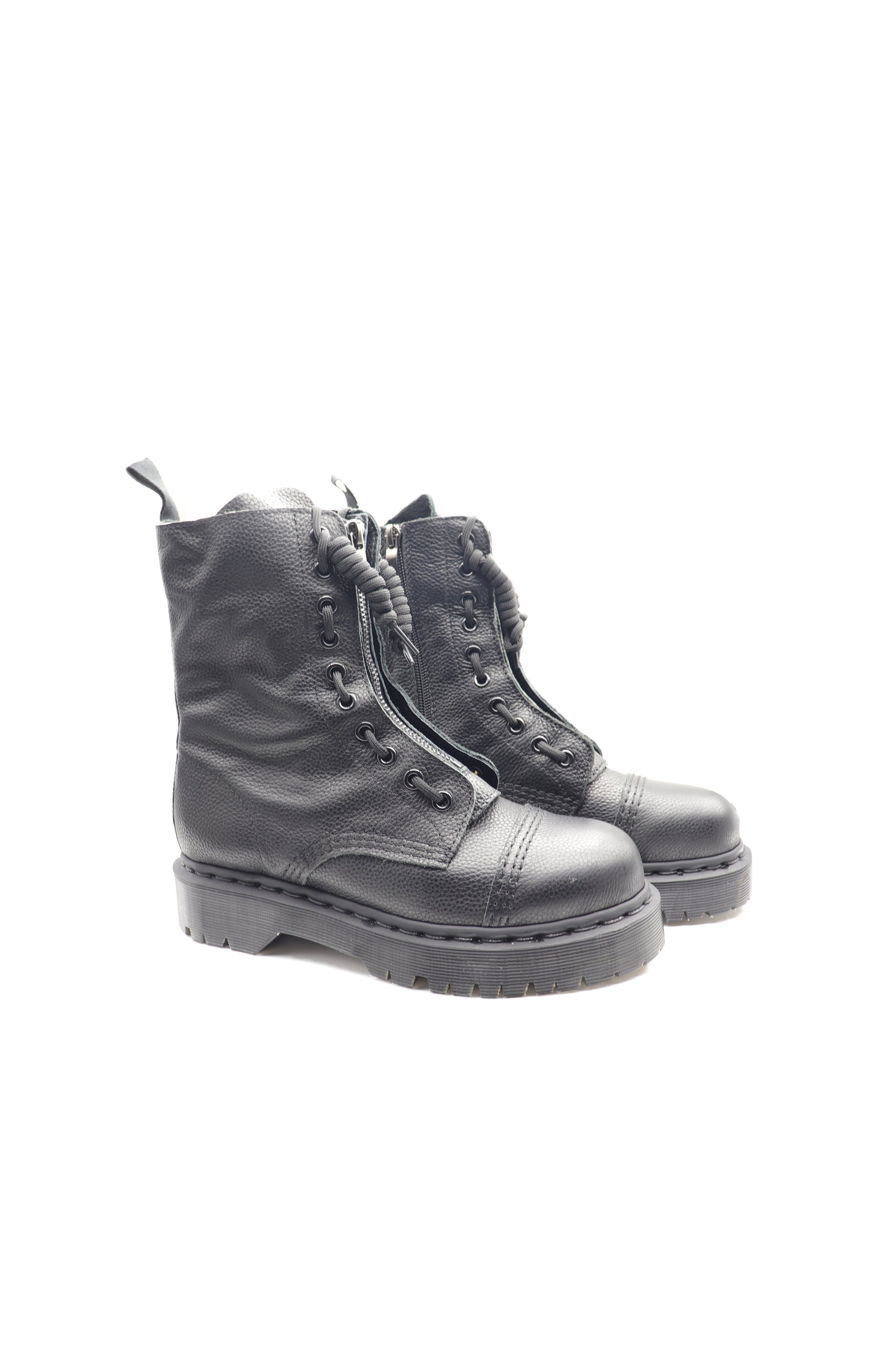 Black Cora Double Zipper Lychee Peel Leather Goodyear Welt Boots