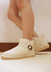Women's White Imitation Cashmere And Leather Metal Button Snow Boots