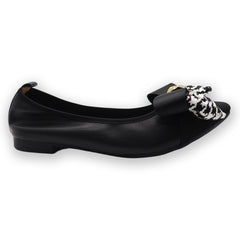 Black Cowhide Leather Pointy Heels Bow Ornament Flat Commuter Shoes for Women