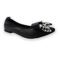 Black Cowhide Leather Pointy Heels Bow Ornament Flat Commuter Shoes for Women