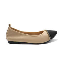 Apricot and Black Cowhide Leather Pointy Heels Flat Commuter Shoes